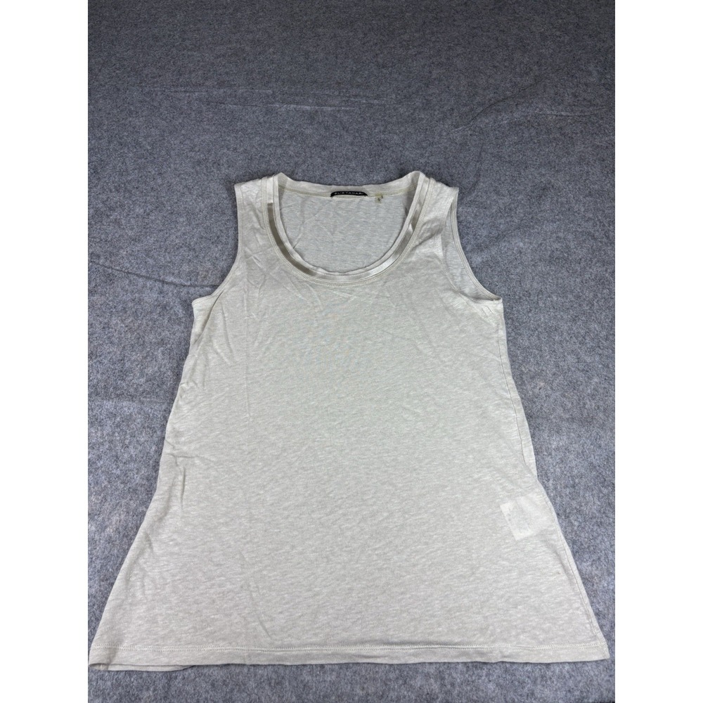 Elie Tahari Women's Sz S Beige Tank Top Blouse Linen Blend Satin‎ Trim Old Money